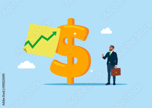 American currency symbol dollar with green up arrow on sticky note. Modern vector illustration in flat style