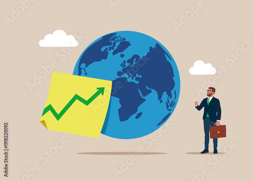 Planet earth with green up arrow on sticky note. Open the world of business. Modern vector illustration in flat style