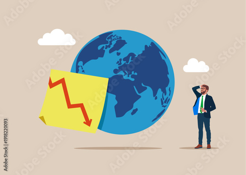 Planet earth with red up arrow on sticky note. crisis in the world. Modern vector illustration in flat style