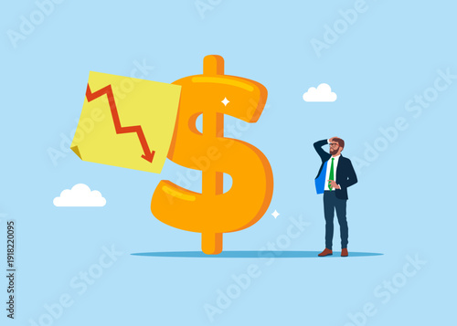 American currency symbol dollar with red down arrow on sticky note. Modern vector illustration in flat style