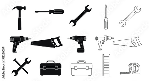 A collection of various hand and power tools in black and white