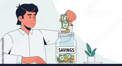 A man is shown placing banknotes and coins into a large transparent glass jar labeled SAVINGS on a table.