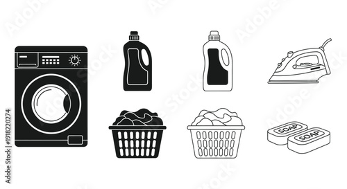 Black and white icons depicting laundry appliances and cleaning supplies