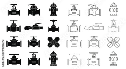 Collection of black and white industrial valve and fire hydrant icons