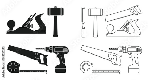 Collection of black and white woodworking and power tools illustrations
