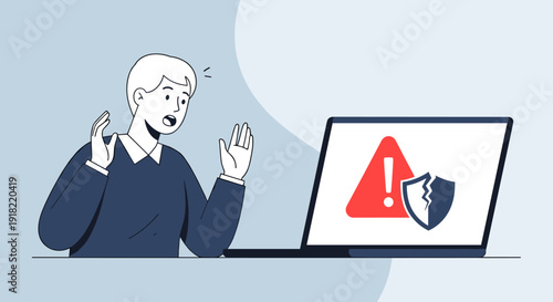 A shocked man raises his hands in front of a laptop screen displaying an error warning and a broken security shield icon.