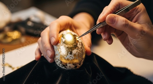 Artisan carefully applies gold leaf detailing onto a decorative egg using fine tweezers in a focused workshop setting.