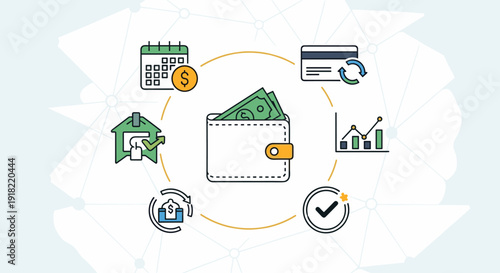 A central wallet with cash is surrounded by various financial icons representing savings, credit, investments, and property.