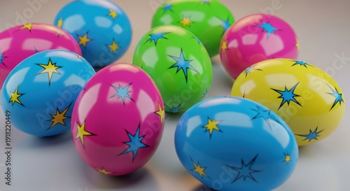 Wallpaper Mural A collection of colorful Easter eggs with star designs on a plain surface Torontodigital.ca