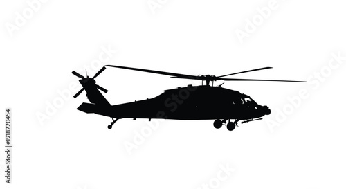 Silhouette of a black helicopter in flight against a white background