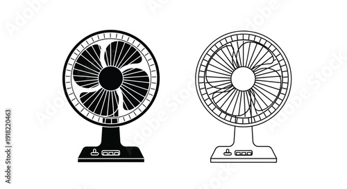 Two black and white illustrations of electric fans with different grill designs
