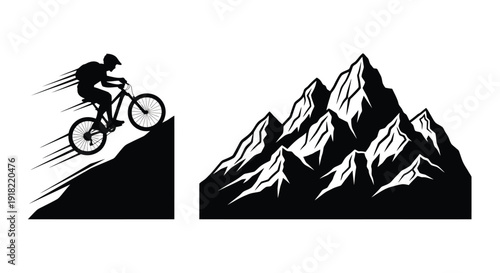 Mountain biker soaring off a peak with a dramatic mountain backdrop