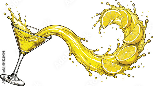 Fresh lemon juice splash with martini glass and yellow fruit slices for summer drink design