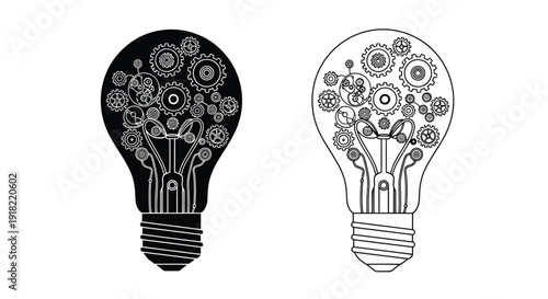 Two lightbulbs filled with intricate gear and floral designs