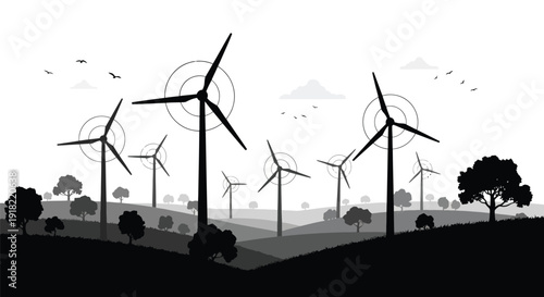 Silhouette of wind turbines against a gradient sky with rolling hills