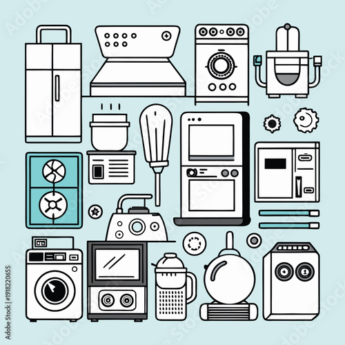 A collection of kitchen and laundry appliances