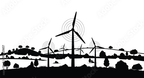 Silhouetted wind turbines and landscape against a bright white background