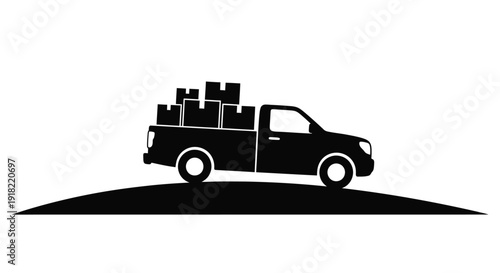 A black silhouette of a pickup truck carrying stacked boxes