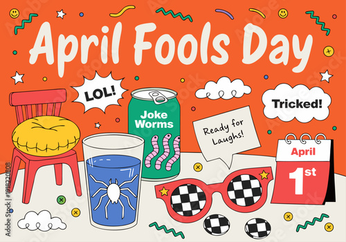 A colorful illustration celebrating April Fools Day with playful elements and humor