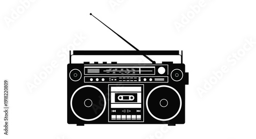 Simple black and white illustration of a vintage boombox radio
