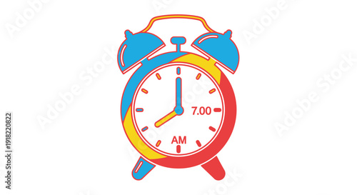 Colorful alarm clock displaying seven am a time for waking up