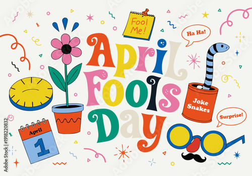 A colorful illustration celebrating April Fools' Day with playful graphics and symbols