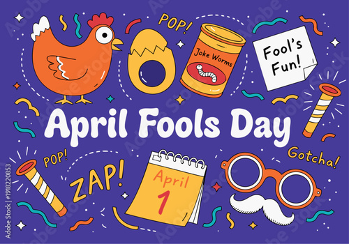 A colorful illustration celebrating April Fools Day with cartoon elements and playful text