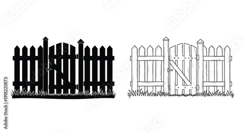 Black and white illustration of picket fences and gates