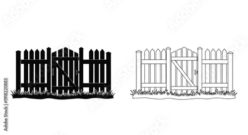 Black and white illustrations of picket fences with gates side by side