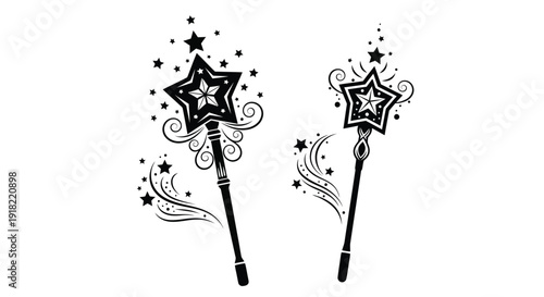 Two ornate magic wands with star tips and sparkling trails