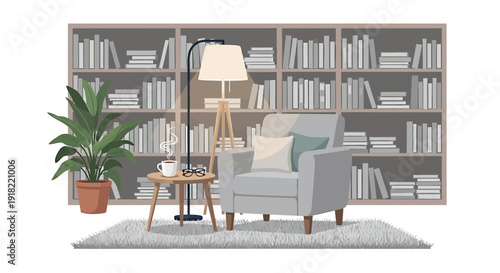 Cozy living room interior with armchair, bookshelf, and plant isolated on transparent background