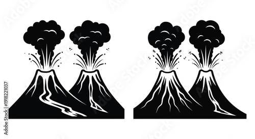 Black and white illustration of four erupting volcanoes with lava flow