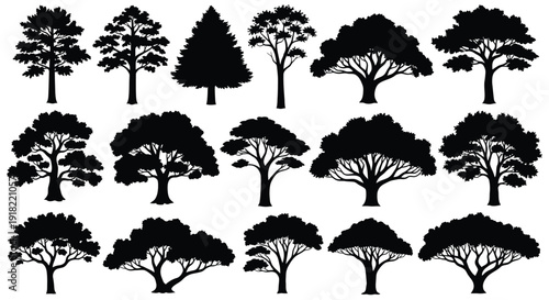 Collection of diverse tree silhouettes against a white background
