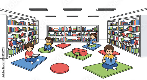 Children reading and playing in a library, kids on colorful mats surrounded by bookshelves.