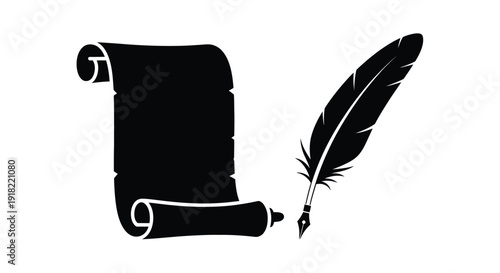 A black silhouette of a scroll and quill pen on white