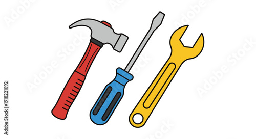 Colorful illustration of a hammer screwdriver and wrench tools