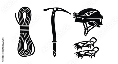 Climbing equipment illustration rope ice axe helmet and crampons shown
