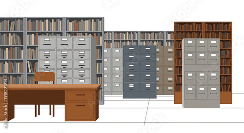 Vector illustration of office library with bookshelves and filing cabinets