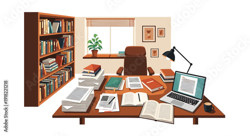 Vector illustration of a cluttered office desk with laptop, books, and office supplies