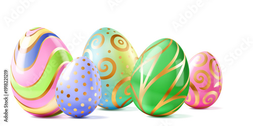 Easter eggs with soft shadows on white background, decorated with swirls, dots, and stripes in pastel colors and gold.