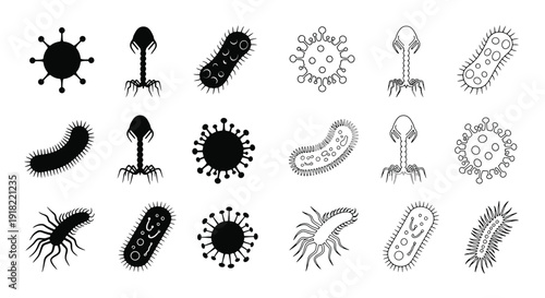 Collection of diverse virus and bacteria illustrations in black and white