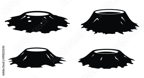 Four black stylized tree stump silhouettes on a white background