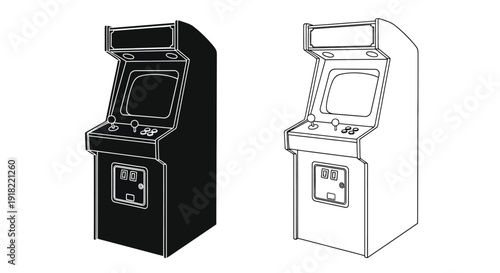 Line art depiction of two classic arcade game machines in contrasting views
