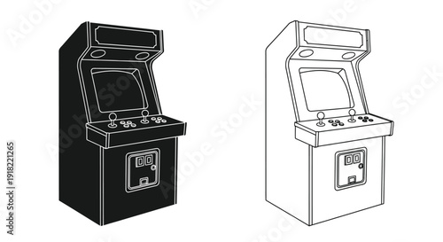 Line art illustration of two classic arcade game machines side by side