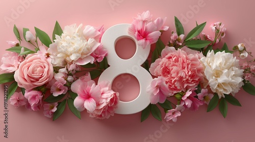 A flower arrangement with the number 8 in the center