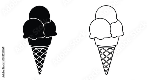 Two ice cream cones one black one white shown in a simple style