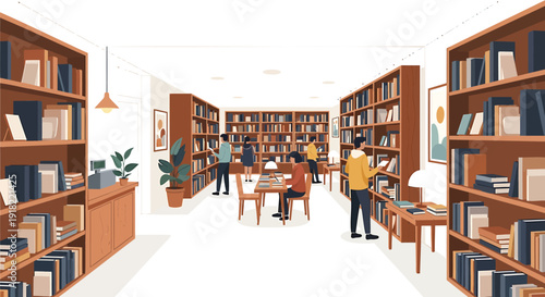 Vector illustration of a modern library interior with people studying and reading among wooden bookshelves.