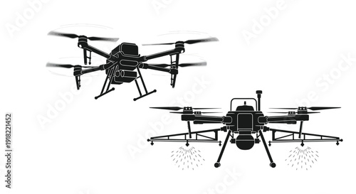 Two black and white illustrations of modern agricultural drones with propellers