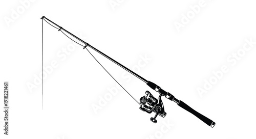 Simple black and white illustration of a fishing rod and reel
