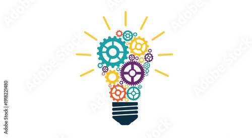 A colorful lightbulb filled with interconnected gears symbolizing innovation